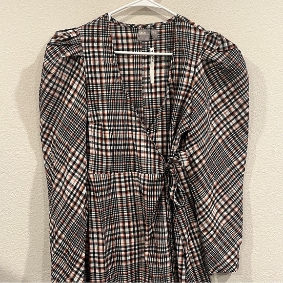 ASOS size 6 plaid maxi length wrap dress orange blue white puff sleeve - Picture 1 of 10